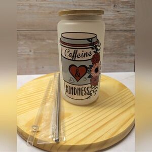 Caffeine & Kindness Handcrafted Frosted Glass Tumbler with Bamboo Lid and Straws